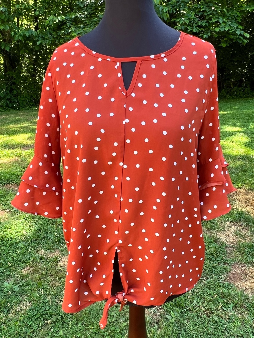 Polka Dot Tie-Front Blouse in Rust